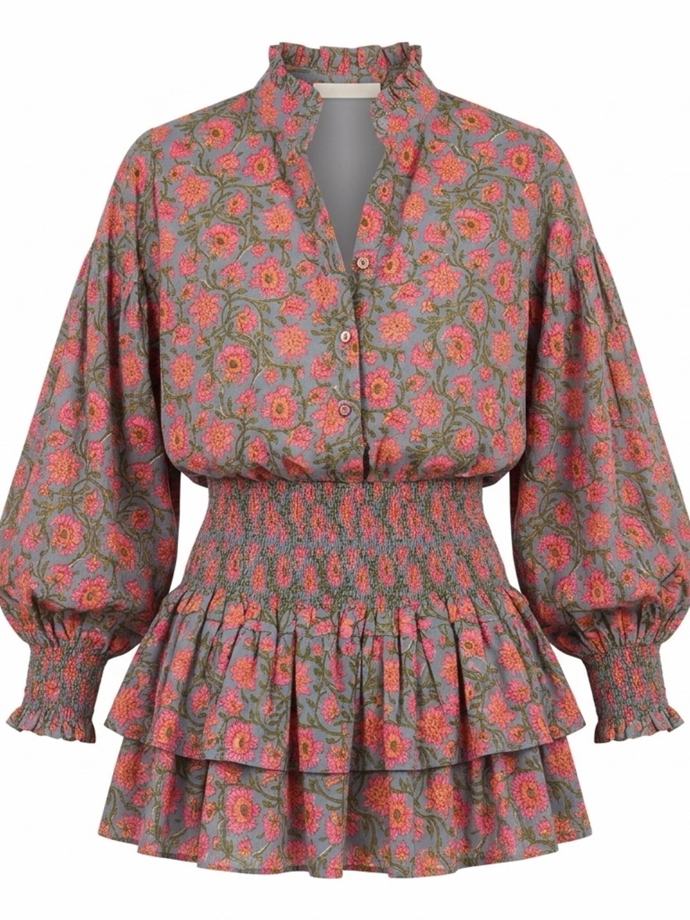 Floral Smocked Mini Skirt in Pink and Green and shirt SET
